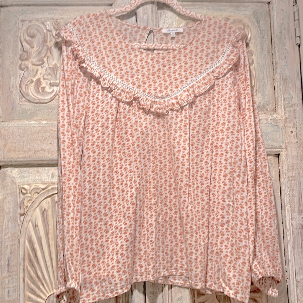EUC Madewell RuffleYoke Prairie Top Cutout Blooms /Flower Stamp Mulled Cider 3X/